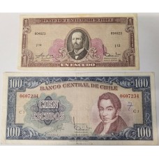 CHILE 1960-1966 ONE 1 and ONE HUNDRED 100 ESCUDOS BANKNOTES